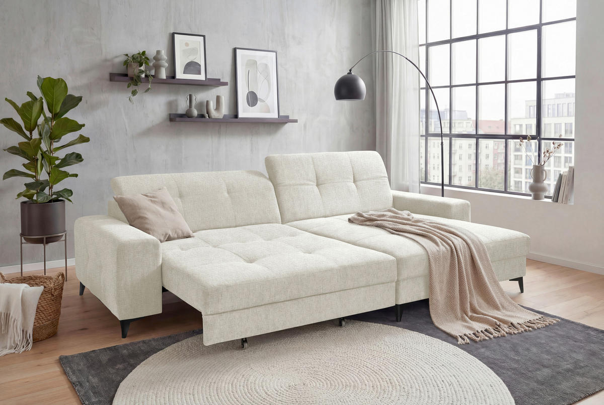 ECKSOFA SORELLA Creme Chenille Kopfteilverstellung, Sitztiefenverstellung  - Creme/Schwarz, Design, Kunststoff/Textil (328/182cm) - MID.YOU