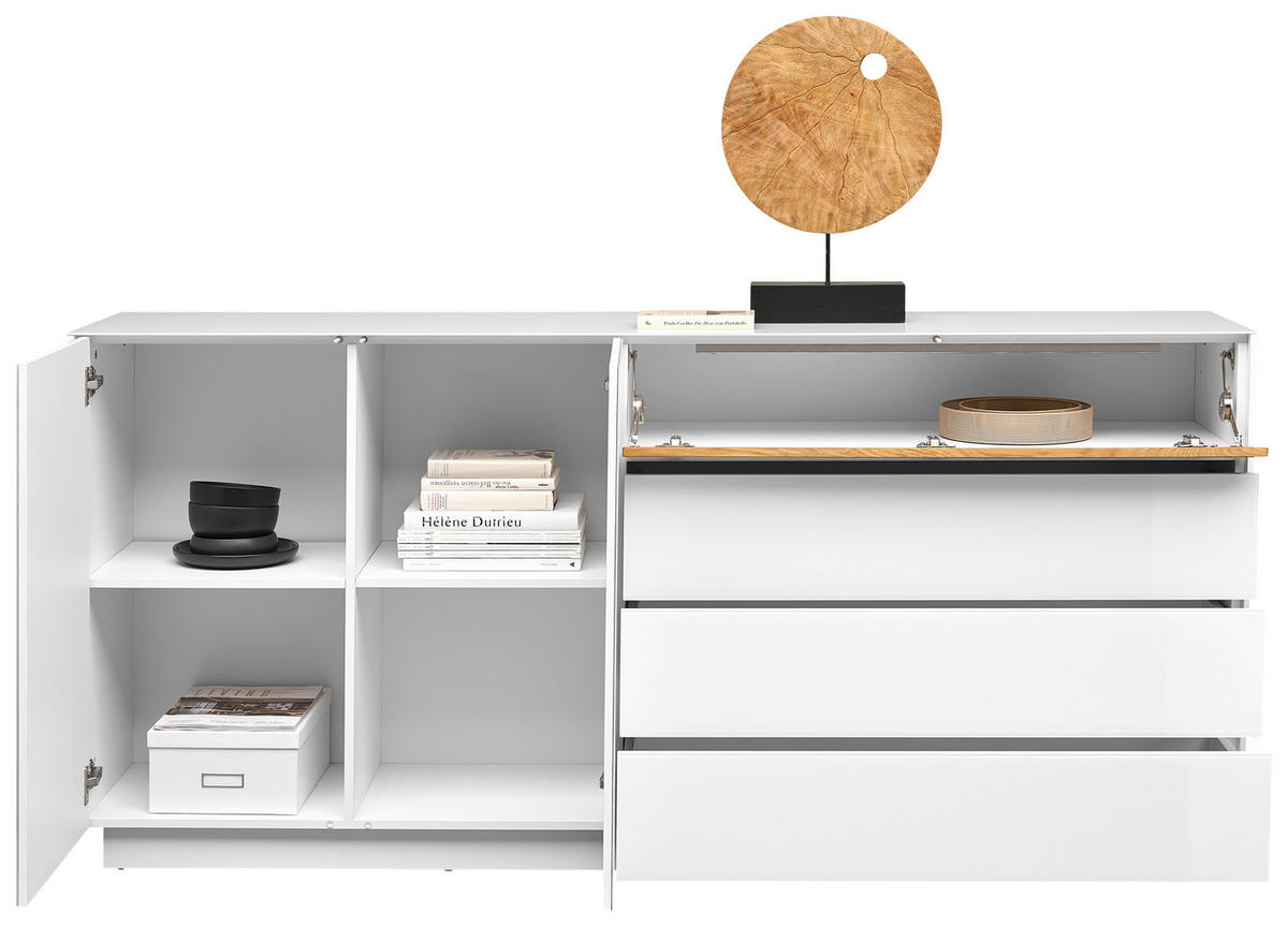 Comodă Cu Uși 189/90/42 cm  - alb/culoare lemn stejar, Design, sticlă/lemn (189/90/42cm) - Novel