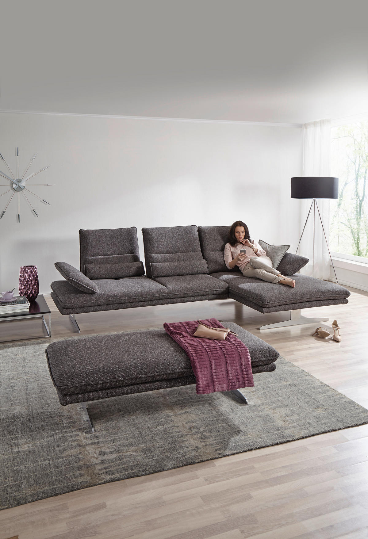 ECKSOFA Webstoff Anthrazit  - Chromfarben/Anthrazit, Design, Textil/Metall (291/164cm) - Chilliano