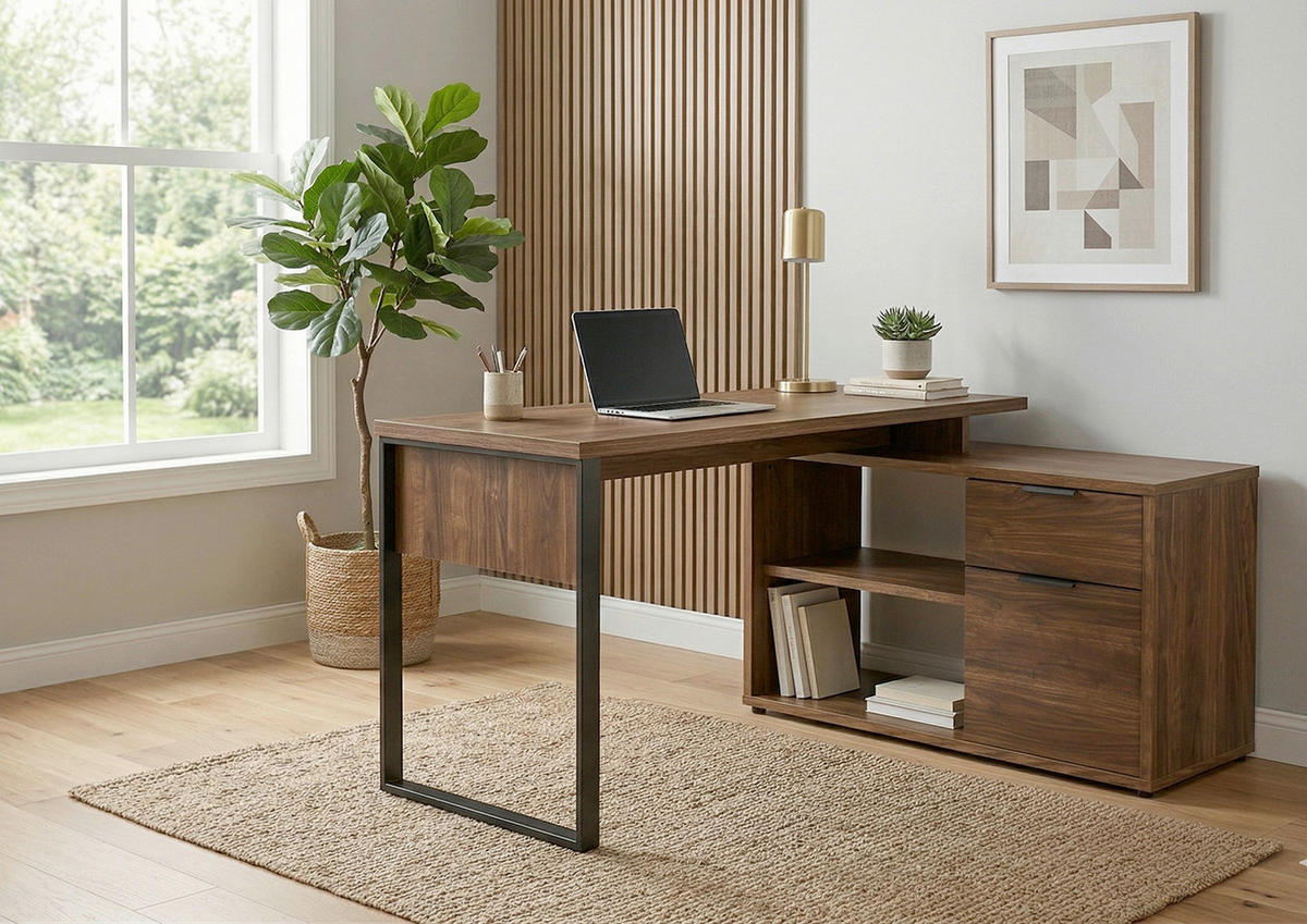 ECKSCHREIBTISCH 140/76/100 cm Walnussfarben Stauraum, seitenverkehrt montierbar, in verschiedenen Holz-Dekoren erhältlich  - Eichefarben/Anthrazit, LIFESTYLE, Holzwerkstoff/Metall (140/76/100cm) - MID.YOU