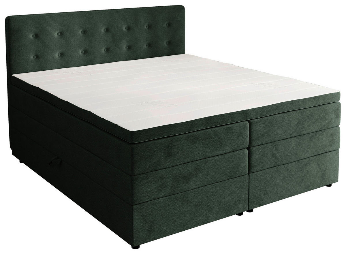 BOXSPRINGBETT 200/200 cm,  in Waldgrün, gepolstertes Kopfteil, Bettkasten, Topper, Matratzen, H3 + H4 = fest + sehr fest  - Waldgrün/Schwarz, KONVENTIONELL, Kunststoff/Textil (200/200cm) - Chameo