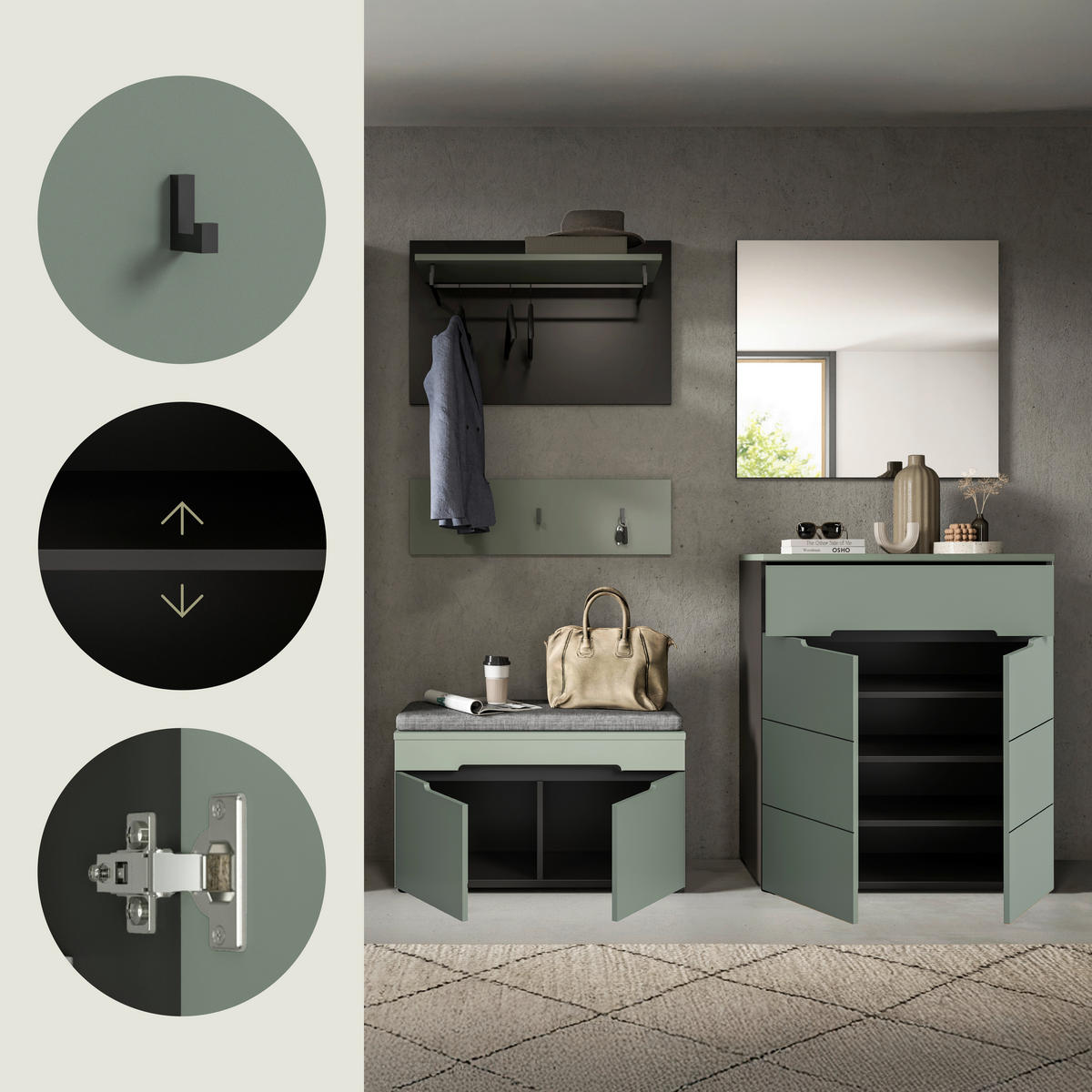 PREDSIEŇOVÝ NÁBYTOK, 175/190/37 cm - sivá/sivozelená, Design, kompozitné drevo (175/190/37cm) - Livetastic