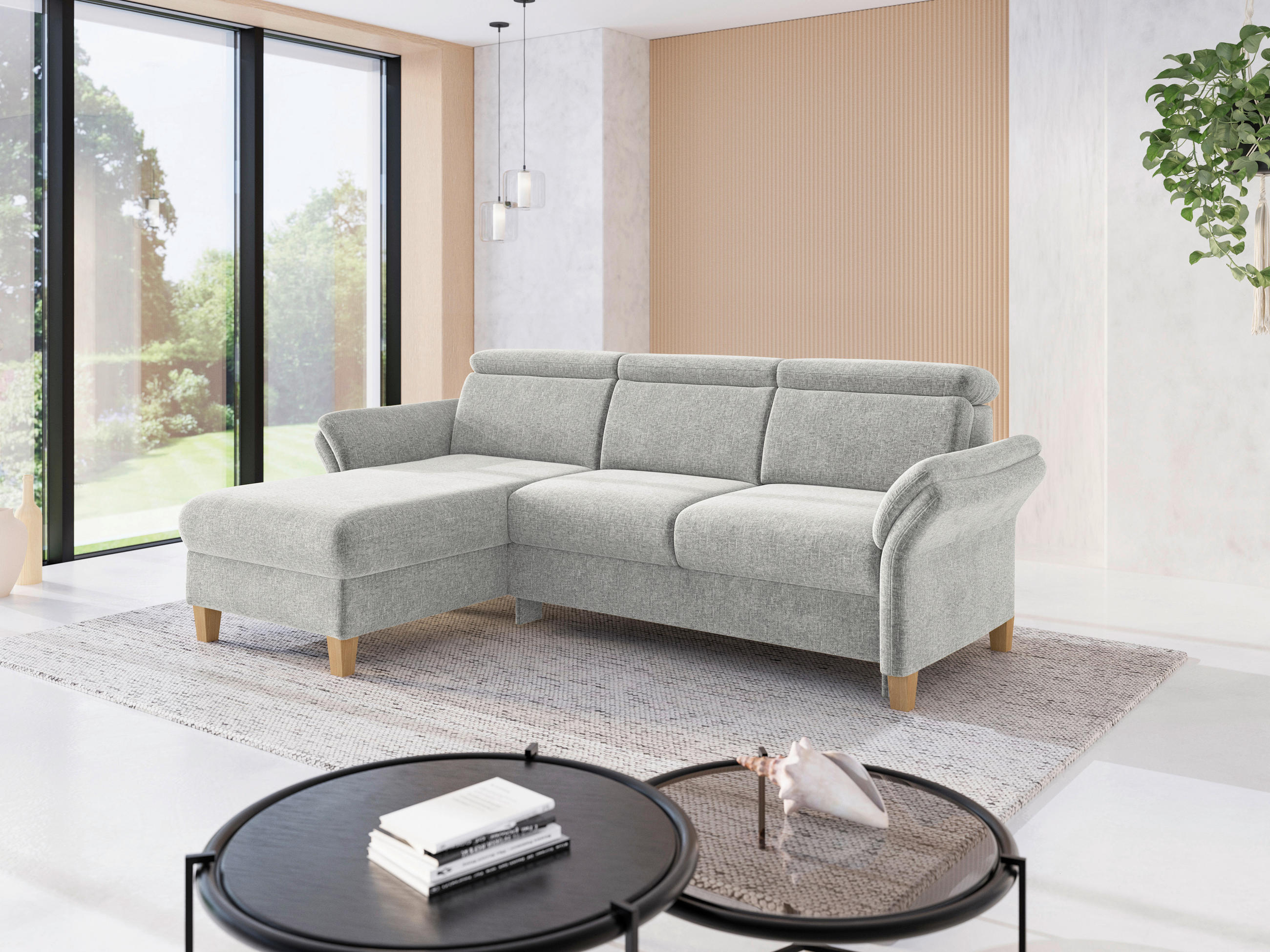 ECKSOFA GLENDALE E Hellgrau Flachgewebe  - Eichefarben/Hellgrau, KONVENTIONELL, Holz/Textil (166/253cm) - Sit & More