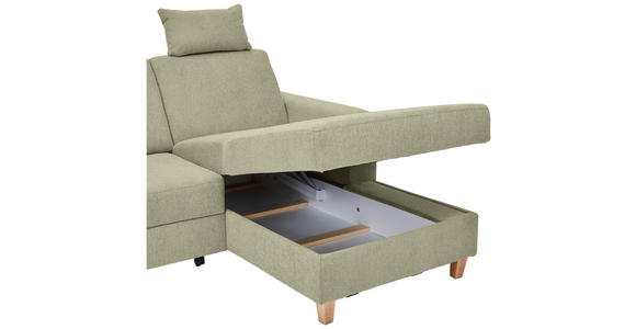ECKSOFA Hellgrün Flachgewebe Bettkasten, Schlaffunktion, Rücken echt, Kopfstütze, Liegefläche im Originalstoff  - Buchefarben/Hellgrün, KONVENTIONELL, Holz/Textil (241/166cm) - Carryhome