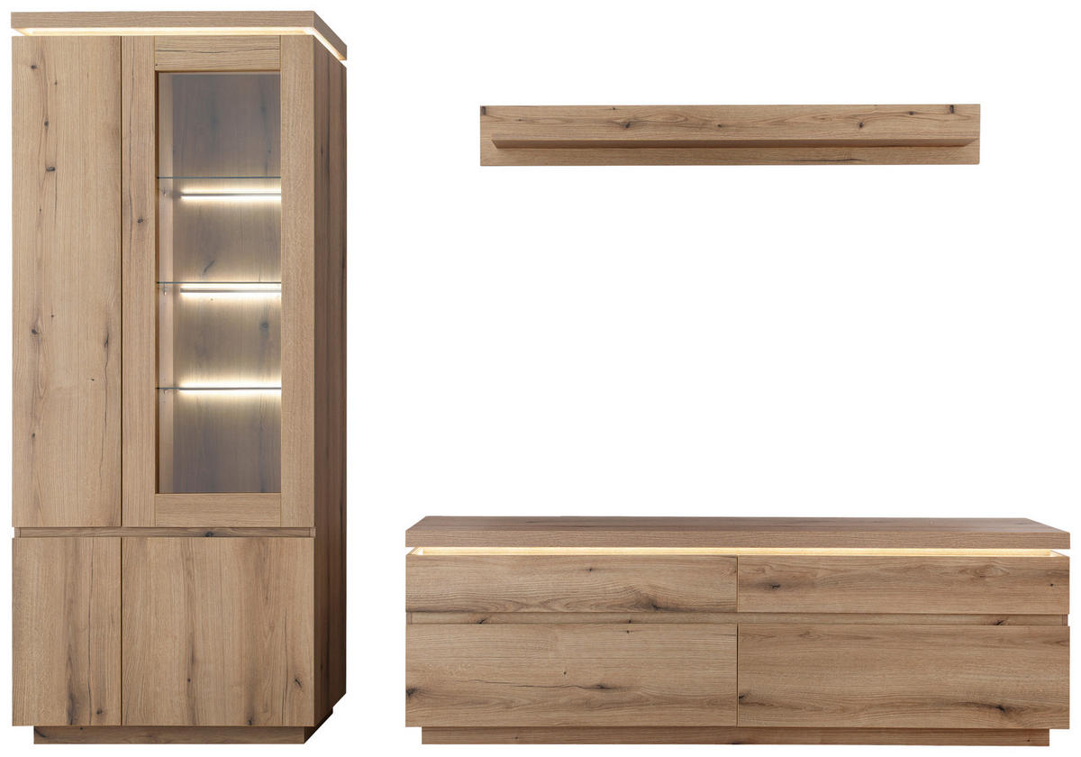 WOHNWAND 3-teilig  Eichefarben 278/197/40 cm  - Eichefarben, Design, Glas/Holzwerkstoff (278/197/40cm) - Livetastic