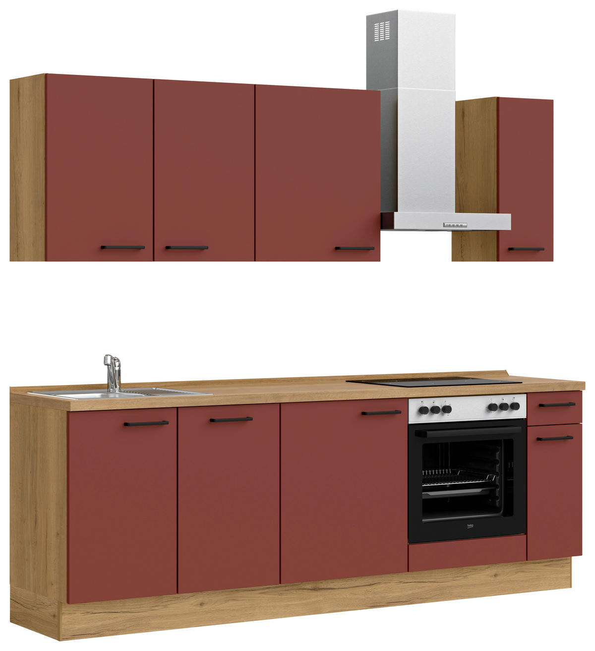 KÜCHENBLOCK Easytouch 240 cm  in Eichefarben, Dunkelrot  - Eichefarben/Schwarz, MODERN, Holzwerkstoff/Metall (240cm) - Nobilia