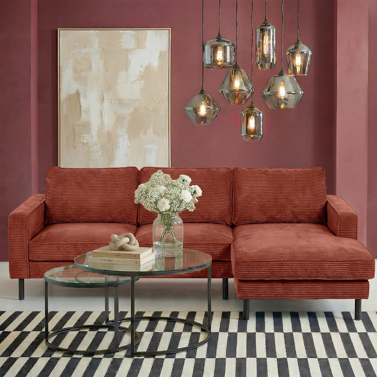 ECKSOFA Rot Cord Bettkasten, Schlaffunktion, Rücken echt  - Rot/Schwarz, Design, Textil/Metall (238/166cm) - Livetastic