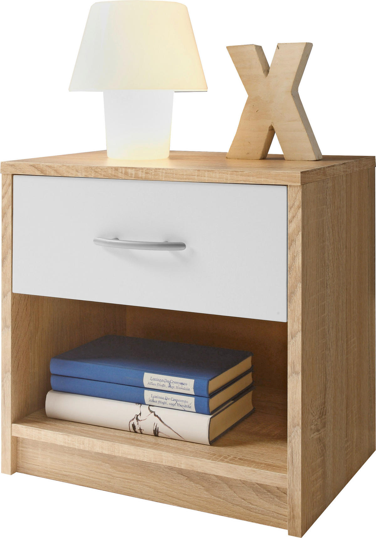 NOČNA OMARICA, bela, hrast sonoma  - bela/barve aluminija, Konvencionalno, umetna masa/leseni material (39/41/28cm)
