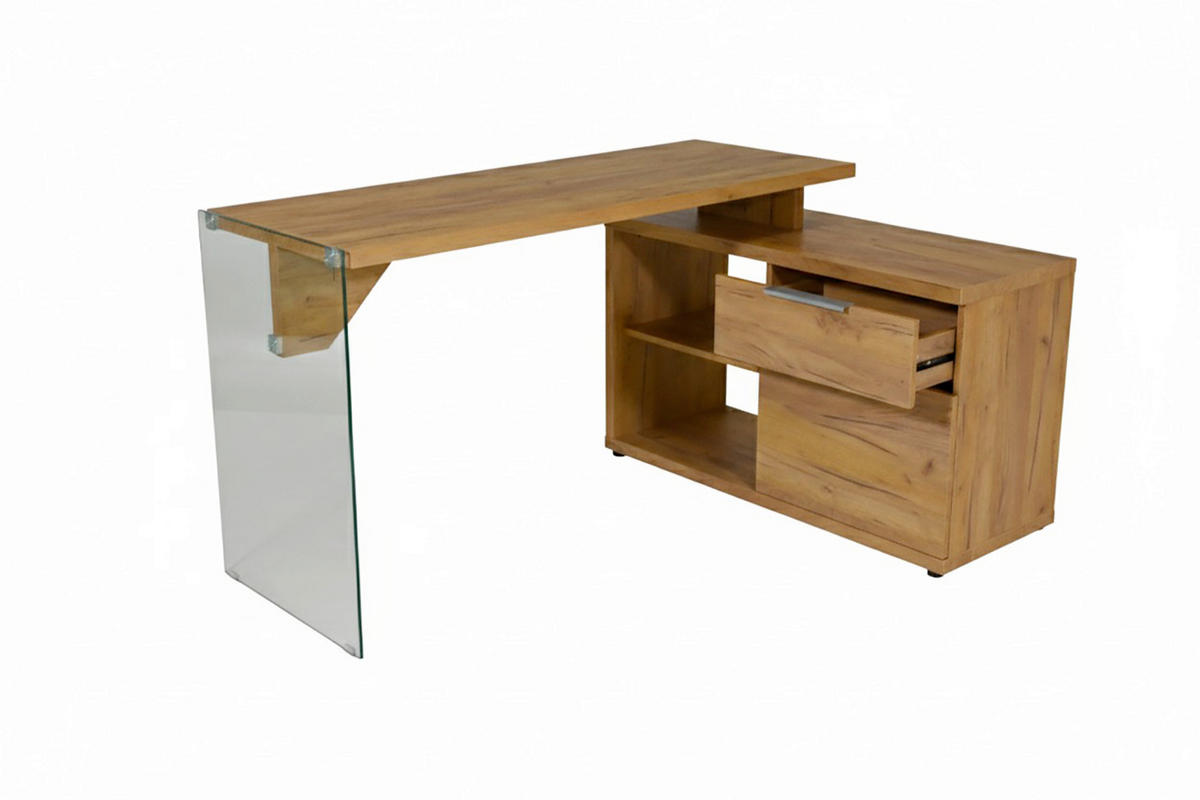 ECKSCHREIBTISCH 141,8/100/74 cm Eichefarben Stauraum, seitenverkehrt montierbar  - Eichefarben/Silberfarben, Design, Glas/Holzwerkstoff (141,8/100/74cm) - MID.YOU
