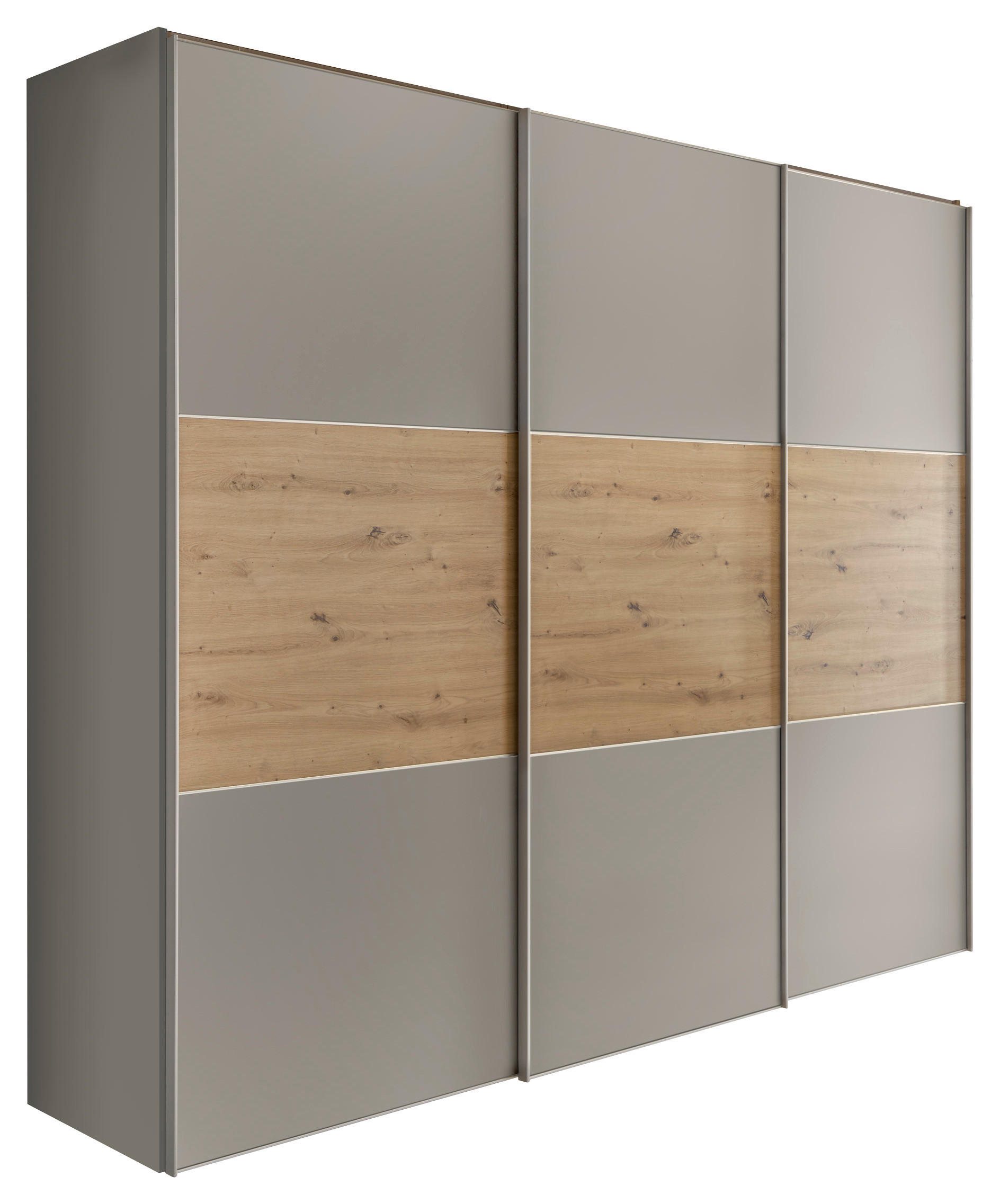 SCHWEBETÜRENSCHRANK in Hellgrau, Eiche Artisan  - Hellgrau/Alufarben, Holzwerkstoff/Metall (249/222/68cm) - Moderano