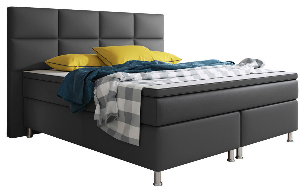 BOXSPRINGBETT  in Anthrazit, Matratze, gepolstertes Kopfteil, Topper, Matratzen, H3 + H3 = fest  - Anthrazit/Silberfarben, KONVENTIONELL, Leder/Textil (200/125/210cm) - MID.YOU