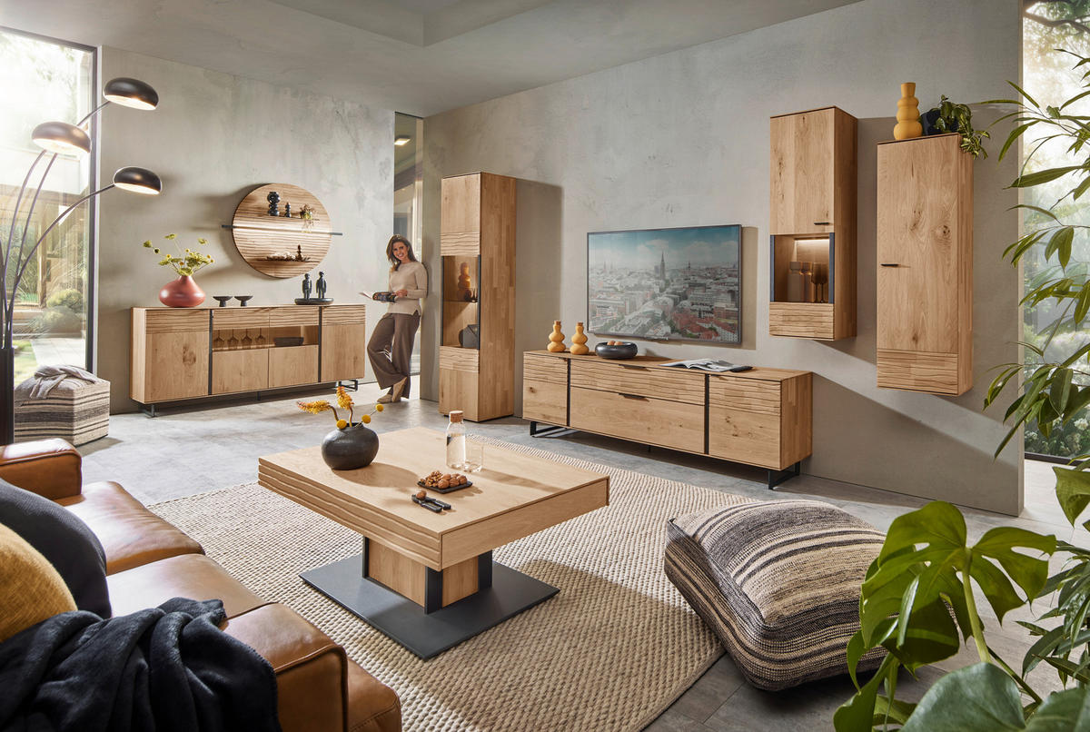 WOHNWAND  in Eichefarben  288/212/44 cm  - Eichefarben/Anthrazit, Natur, Glas/Holz (288/212/44cm) - Valnatura