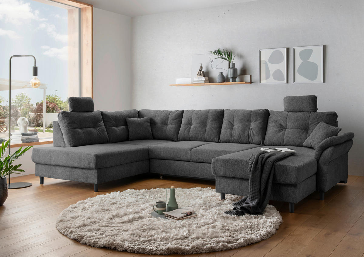 WOHNLANDSCHAFT in Chenille Anthrazit  - Anthrazit/Schwarz, Modern, Holz/Textil (206/338/176cm) - Livetastic