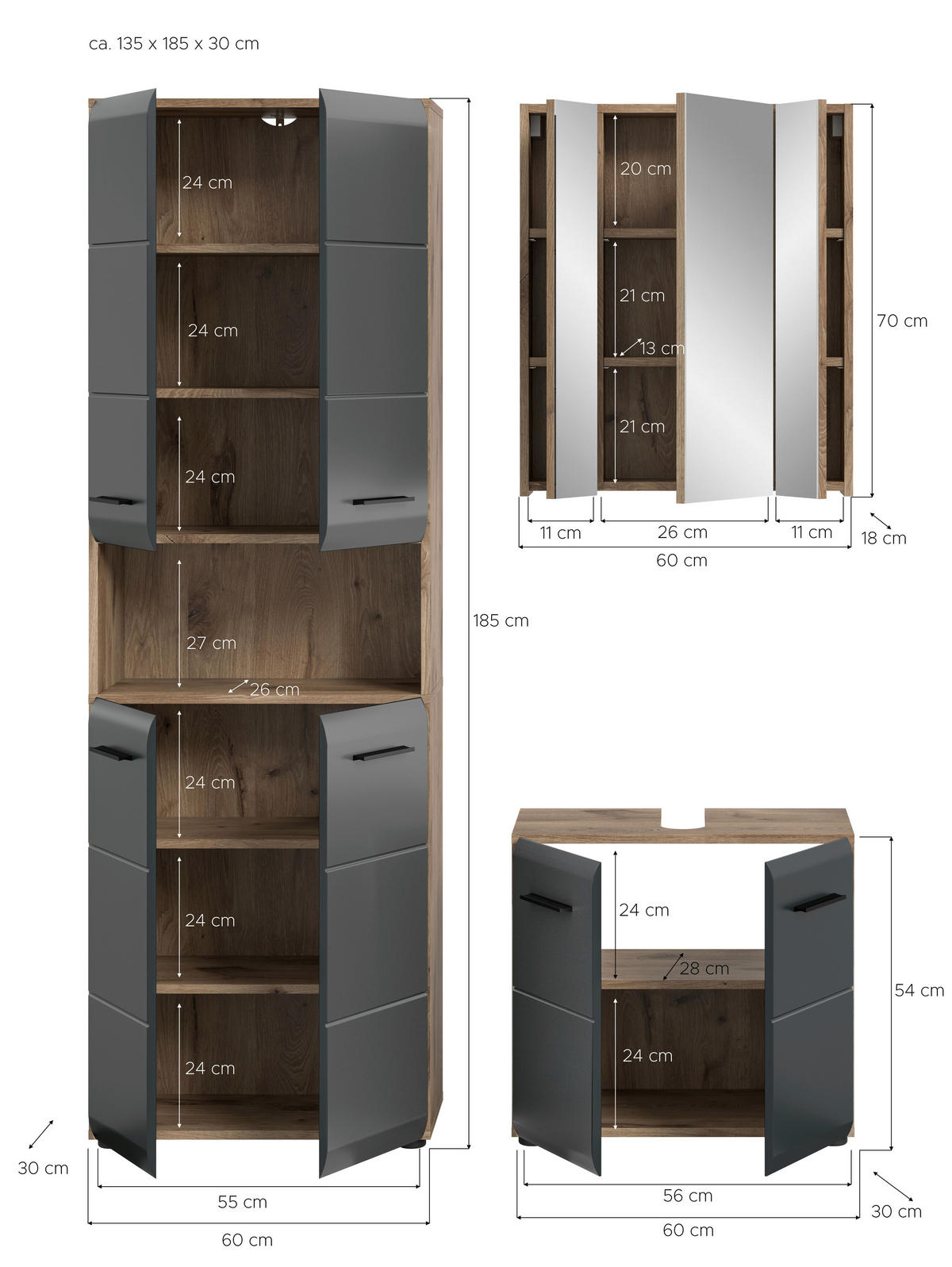 BADEZIMMER 3-teilig  in 120 cm  - Eiche dunkel/Schwarz, Basics, Holzwerkstoff/Kunststoff (120cm) - MID.YOU