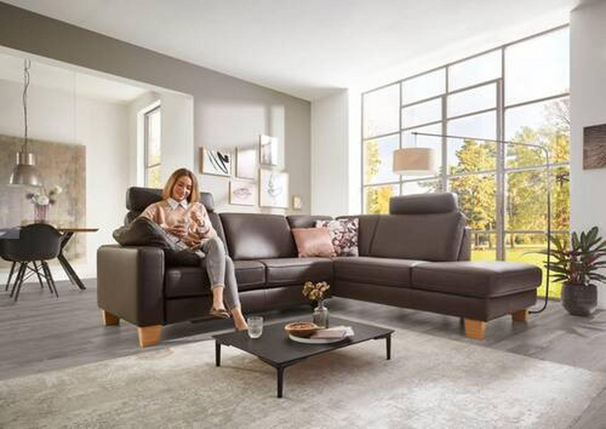 ECKSOFA in Echtleder Dunkelbraun  - Eiche Bianco/Dunkelbraun, Konventionell, Leder/Holz (235/259cm) - Valdera