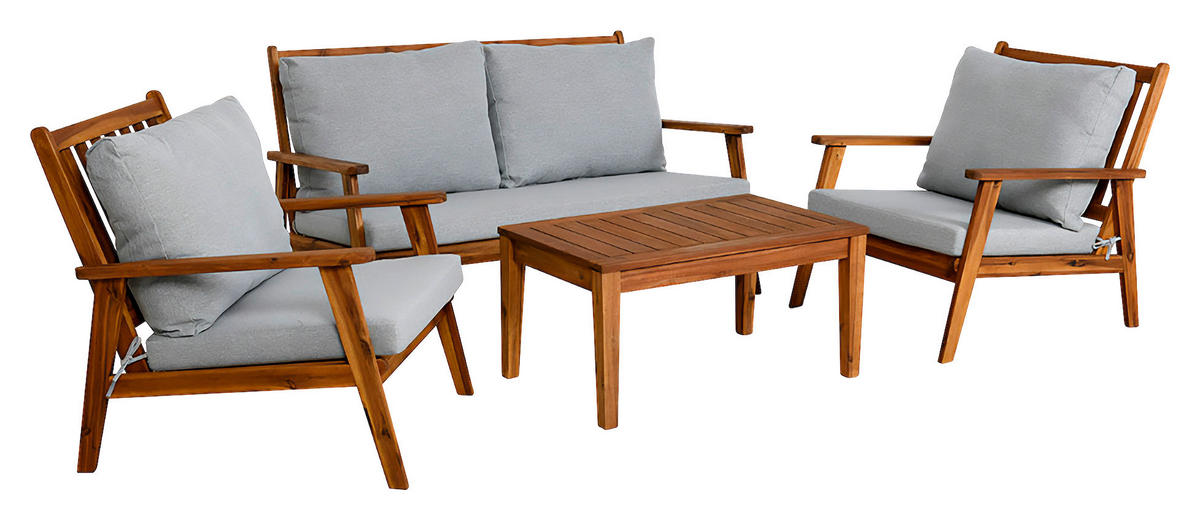 LOUNGEGARNITUR 4-teilig   Akazie massiv  - Hellgrau/Akaziefarben, MODERN, Holz/Textil - MID.YOU
