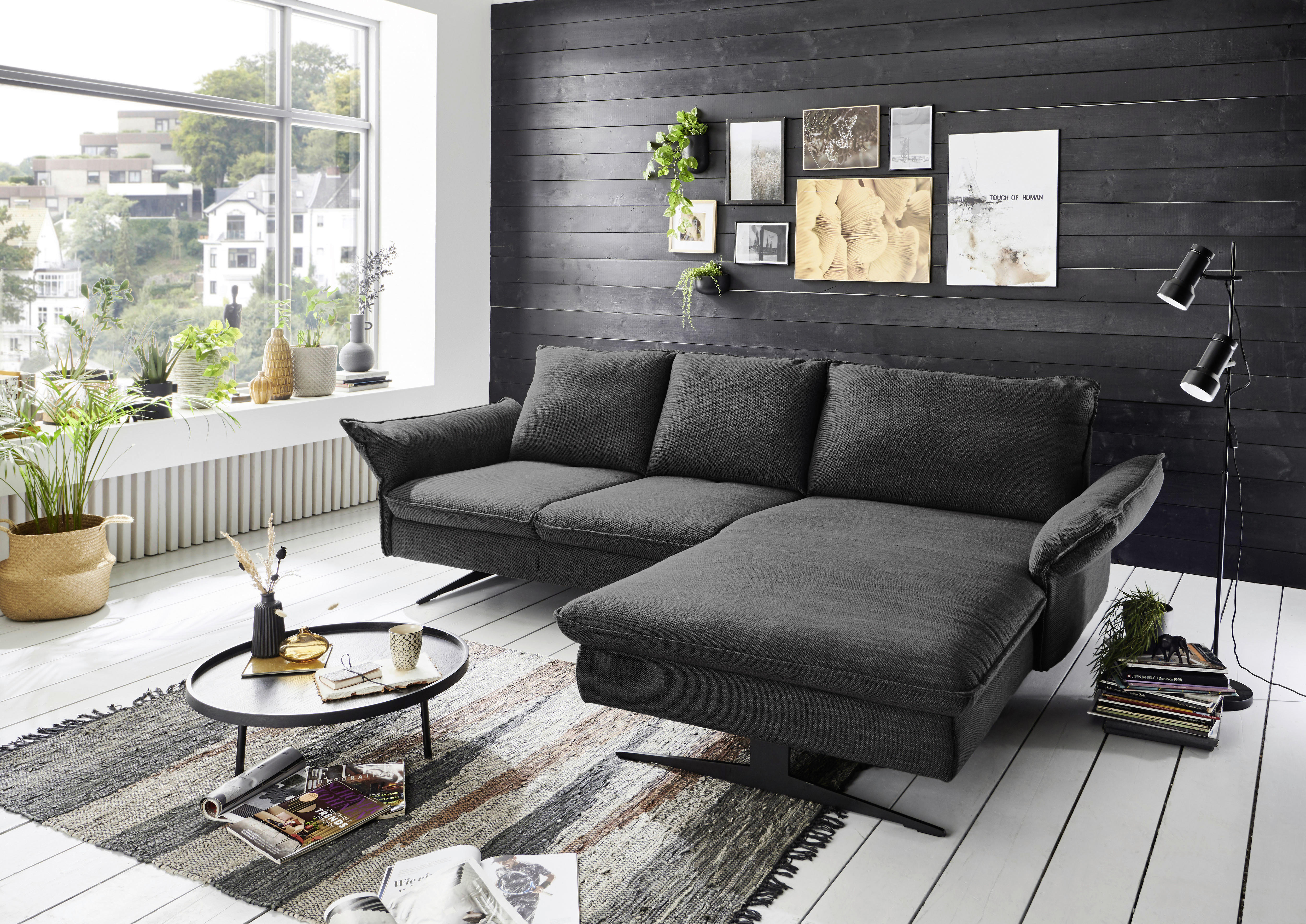 WOHNLANDSCHAFT Schwarz Flachgewebe  - Schwarz, Design, Textil/Metall (290/188cm) - Pure Home Comfort