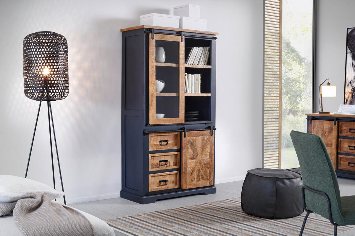 VITRINE  in massiv Mangoholz Schwarz, Grau, Naturfarben - Schwarz/Naturfarben, LIFESTYLE, Holz/Holzwerkstoff (100/180/45cm) - MID.YOU