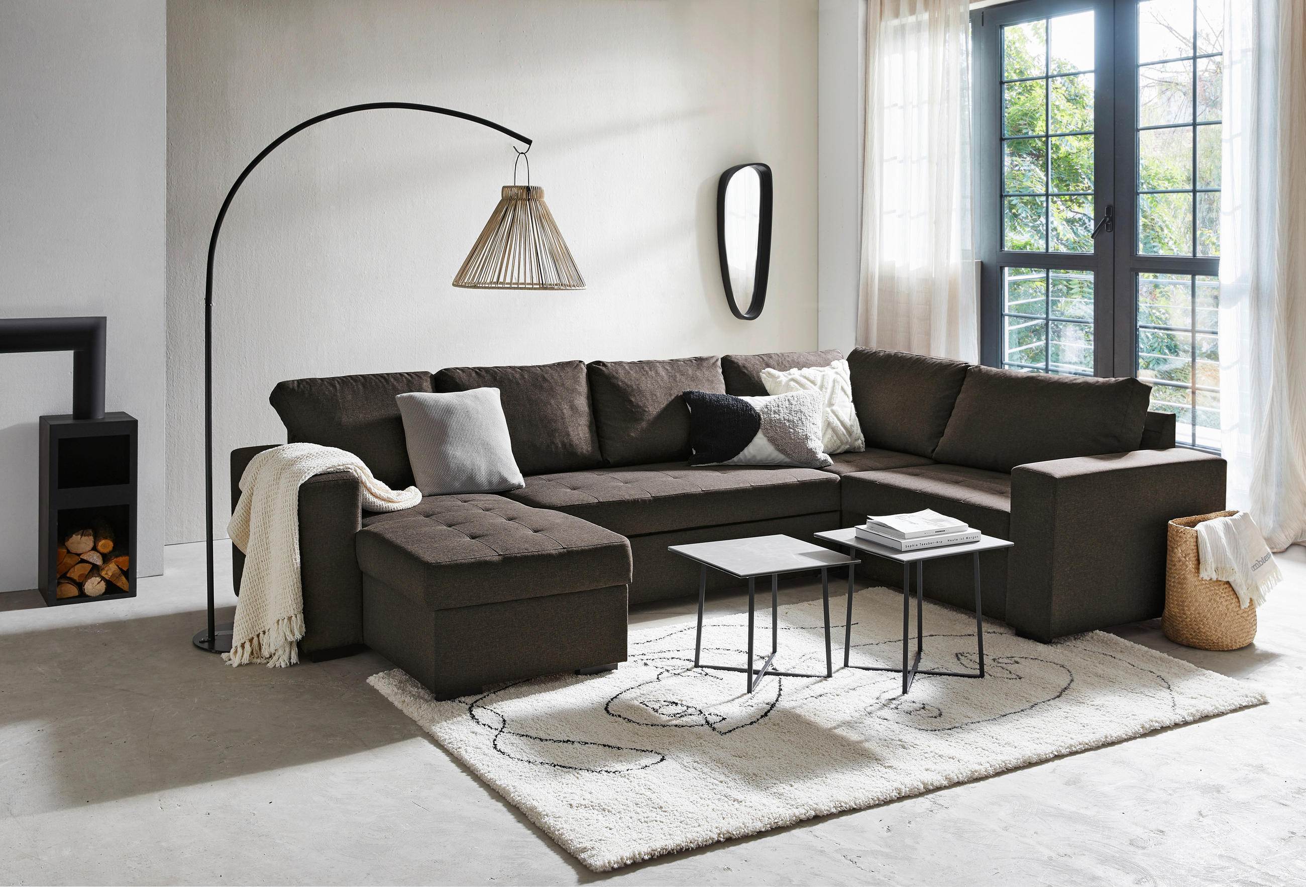 WOHNLANDSCHAFT Dunkelbraun Webstoff  - Dunkelbraun/Schwarz, KONVENTIONELL, Kunststoff/Textil (157/313/207cm) - Ti'me