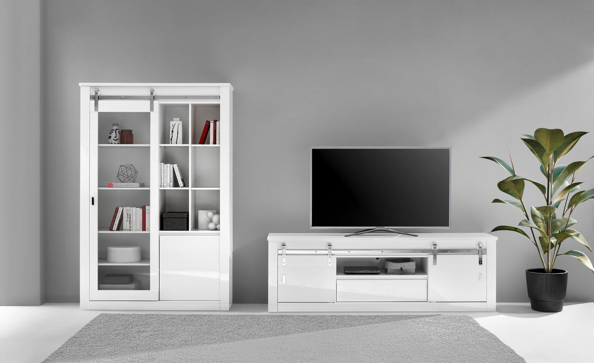 WOHNWAND 2-teilig  in Weiß, Weiß Hochglanz  349/200/43 cm  - Chromfarben/Weiß Hochglanz, Design, Holzwerkstoff/Metall (349/200/43cm) - Livetastic