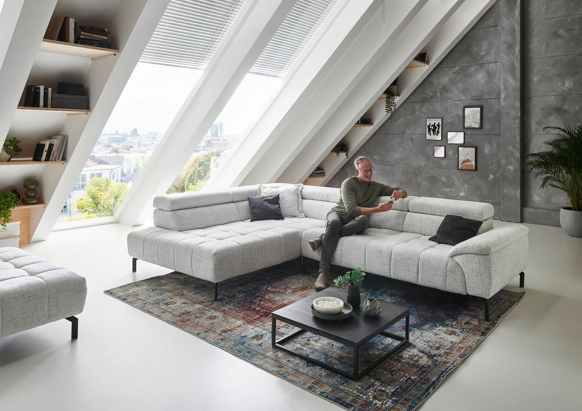 ECKSOFA in Chenille Grauweiss  - Schwarz/Grauweiss, Design, Textil/Metall (222/323cm) - Beldomo Style