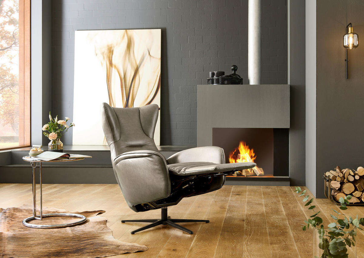 RELAXSESSEL Leder Greige  - Greige/Schwarz, Design, Leder/Metall (75/106/86cm) - Valdera