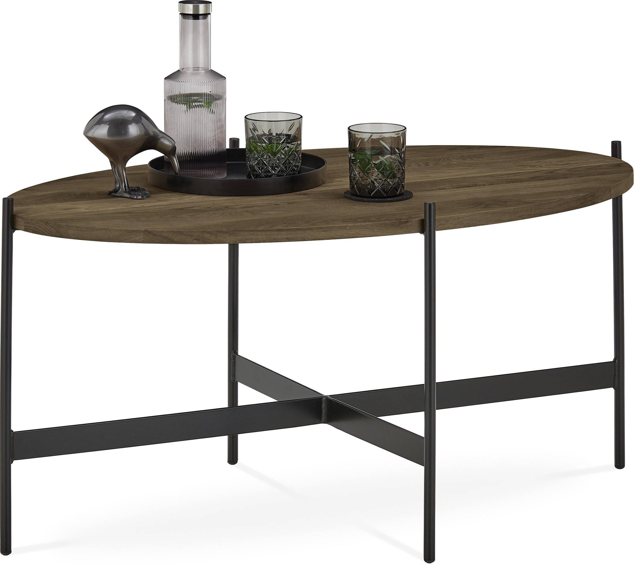 COUCHTISCH Eiche massiv 100/60/49 cm oval Schwarz, Eiche dunkel  - Eiche dunkel/Schwarz, Natur, Holz/Metall (100/60/49cm) - SetOne by Musterring