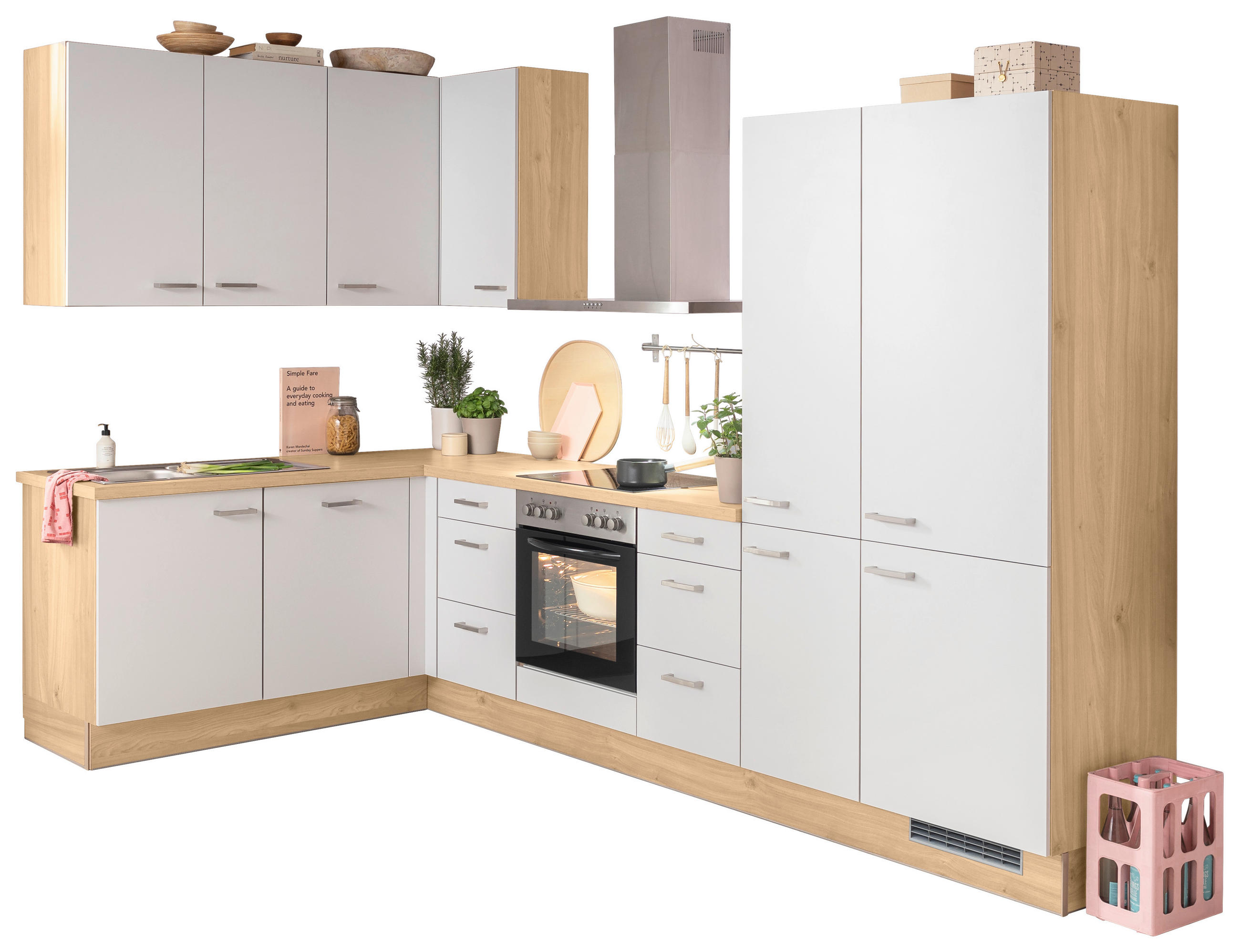 ECKKÜCHE 185/320 cm  in Eichefarben, Hellgrau  - Edelstahlfarben/Eichefarben, Basics, Holzwerkstoff/Metall (185/320cm) - Venda