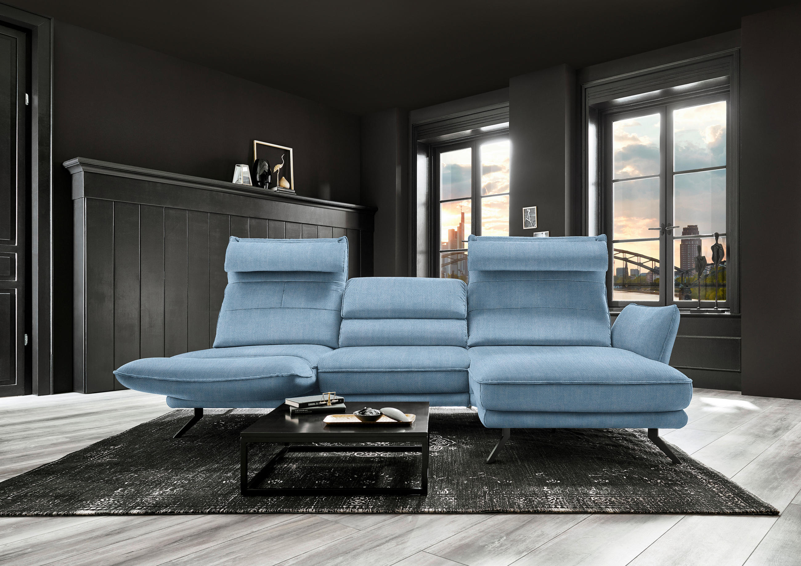 ECKSOFA in Velours Hellblau - Schwarz/Hellblau, Design, Textil/Metall (283/153cm) - Valdera