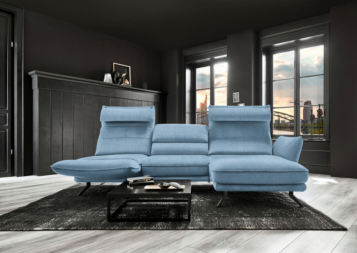 ECKSOFA in Velours Hellblau  283/153 cm  - Schwarz/Hellblau, Design, Textil/Metall (283/153cm) - Valdera