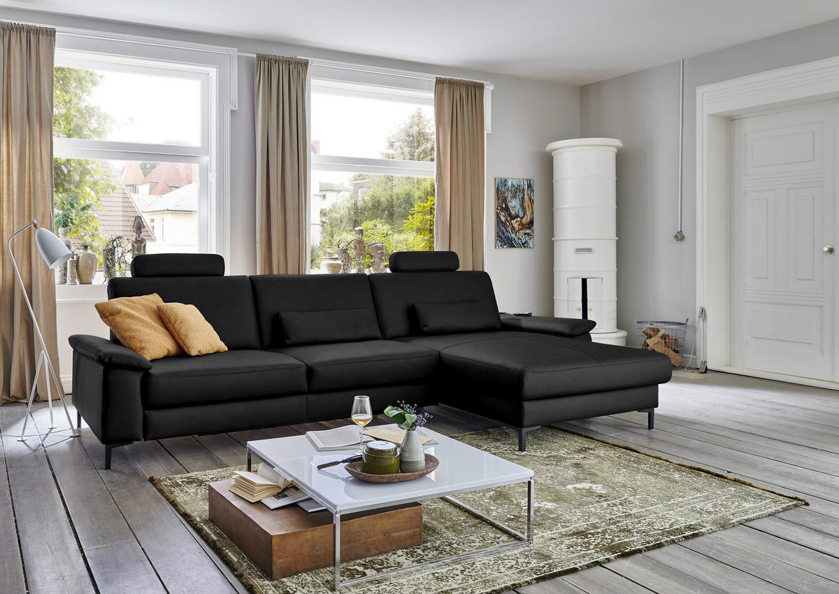 ECKSOFA in Echtleder Schwarz  - Schwarz, Design, Leder/Metall (334/176cm) - Dieter Knoll