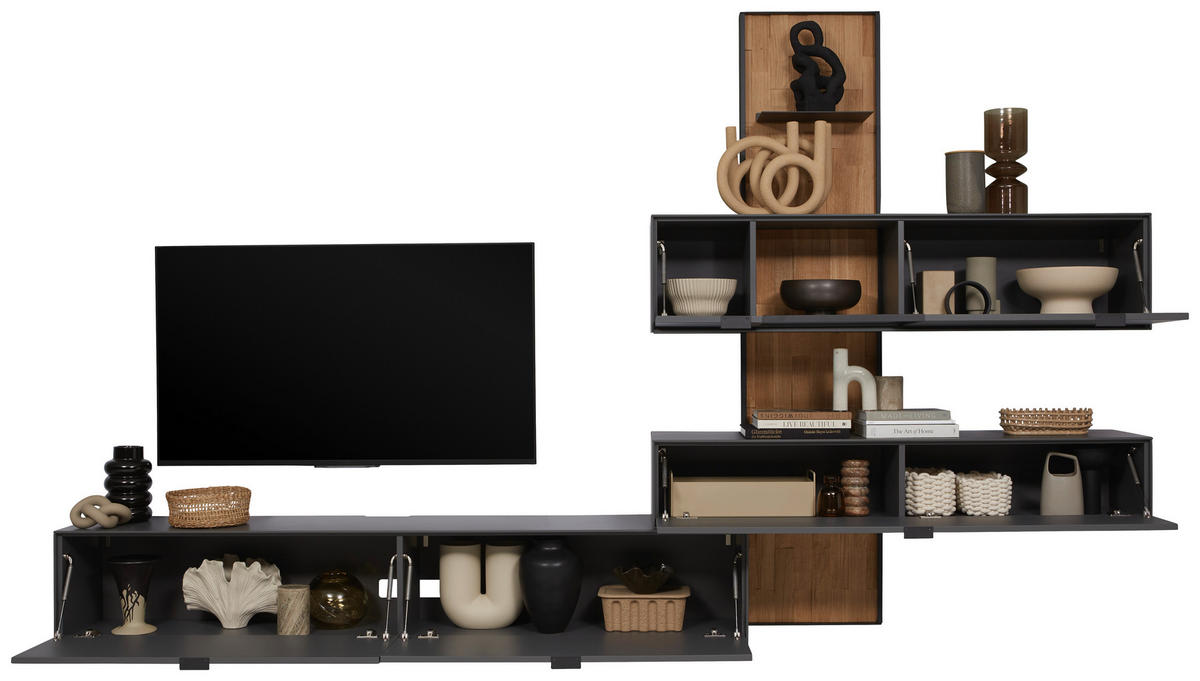 WOHNWAND 4-teilig  in Graphitfarben, Wildeiche 334,5/217,4/37,1 cm  - Wildeiche/Schwarz, Design, Glas/Holz (334,5/217,4/37,1cm) - Dieter Knoll