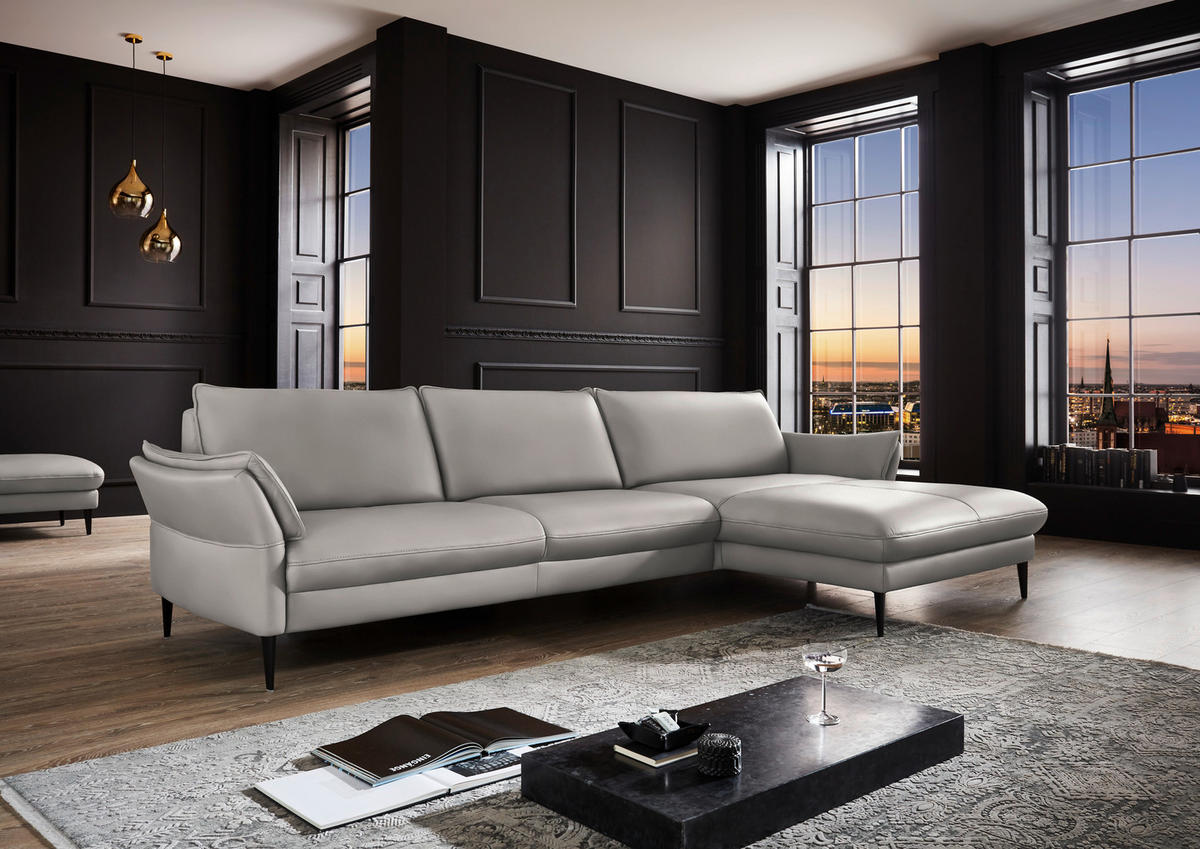 ECKSOFA in Echtleder Hellgrau  - Hellgrau/Schwarz, Design, Leder/Metall (334/172cm) - Hukla