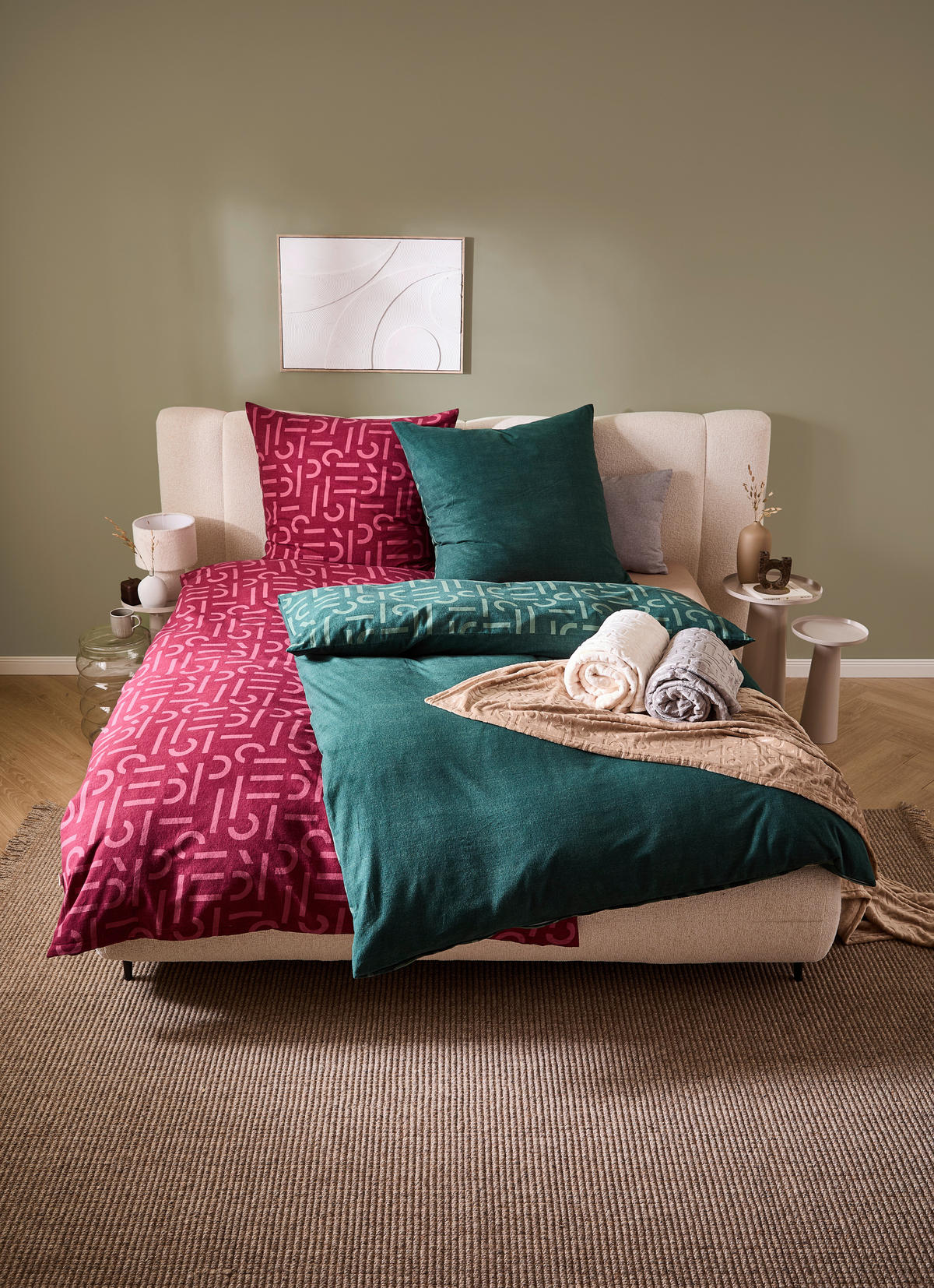 WENDEBETTWÄSCHE E-Scatter Big Flanell 135/200 cm  - Dunkelgrün/Grün, Basics, Textil (135/200cm) - Esprit