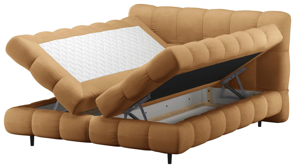 BOXBETT 160/200 cm,  in Goldfarben, gepolstertes Kopfteil, Bettkasten, Topper, H3 + H3 = fest  - Goldfarben/Schwarz, Design, Textil/Metall (160/200cm) - Ti'me