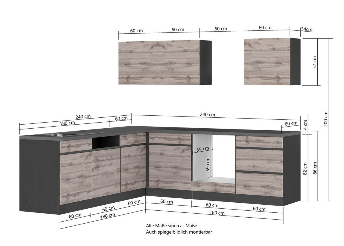 KÜCHENLEERBLOCK  240/240 cm  in Grau, Eiche Wotan  - Eiche Wotan/Grau, Design, Holzwerkstoff (240/240cm) - Held