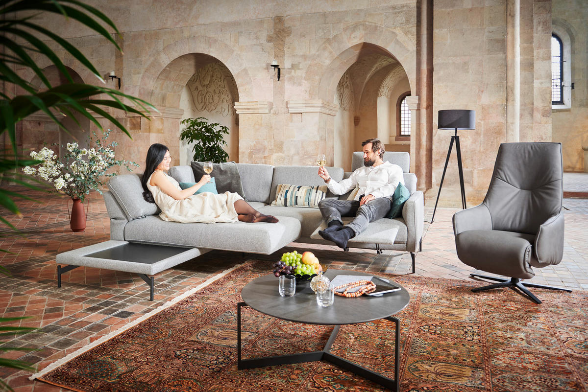 ECKSOFA in Flachgewebe Blaugrau  - Anthrazit/Blaugrau, Design, Textil/Metall (229/253cm) - Johann Jakob