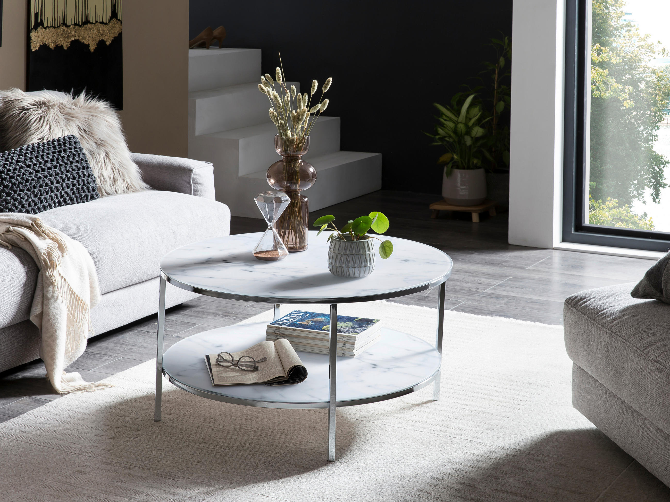COUCHTISCH 80/80/45 cm rund Weiß, Chromfarben  - Chromfarben/Weiß, Design, Glas/Metall (80/80/45cm) - Livetastic