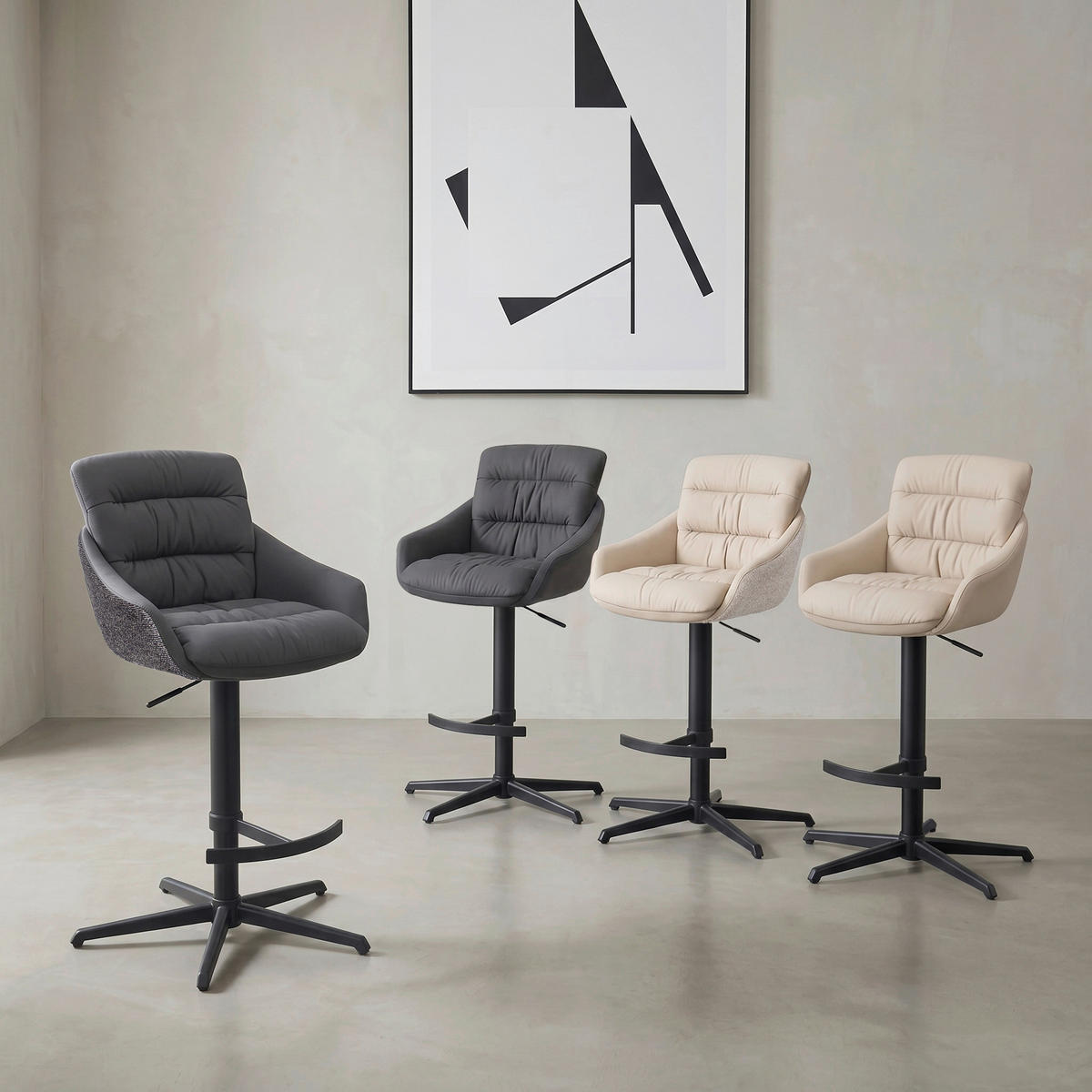 BARHOCKER Webstoff Echtleder Schwarz Stahl Sitzfläche 360° drehbar, inklusive Armlehnen, automatische Rückholfunktion  - Schwarz, Design, Leder/Textil (58/103/120/61cm) - Dieter Knoll