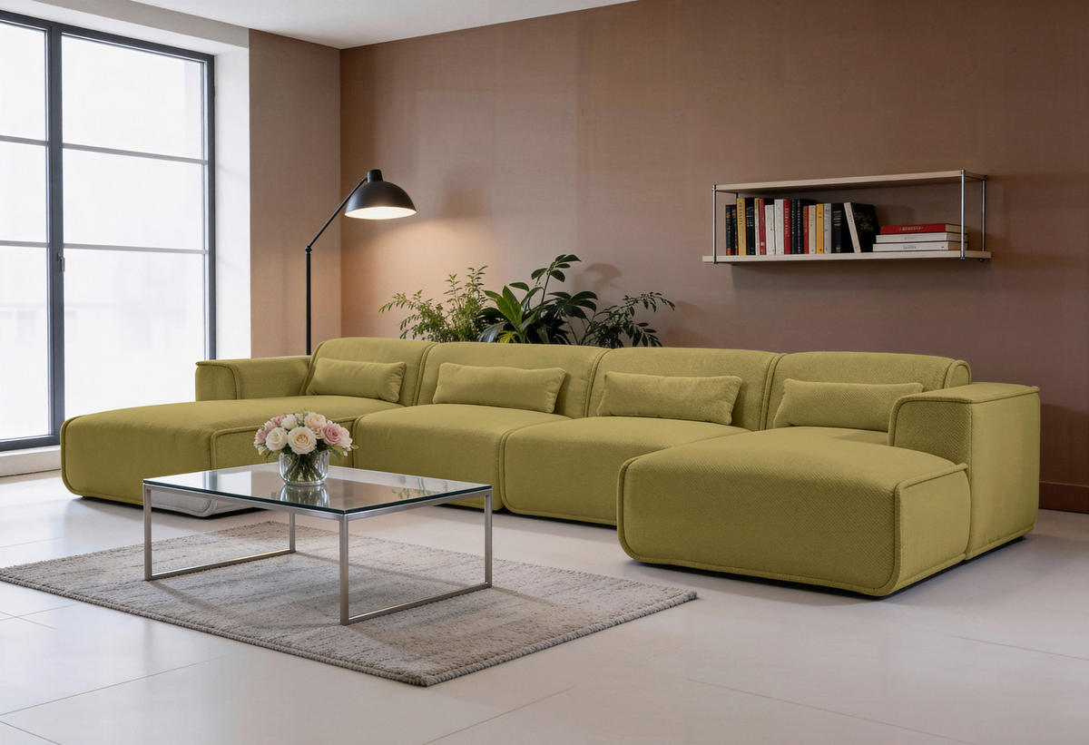 WOHNLANDSCHAFT LOMOCO MATEO Senfgelb Flachgewebe  - Senfgelb/Schwarz, Design, Kunststoff/Textil (165/386/165cm) - Lomoco