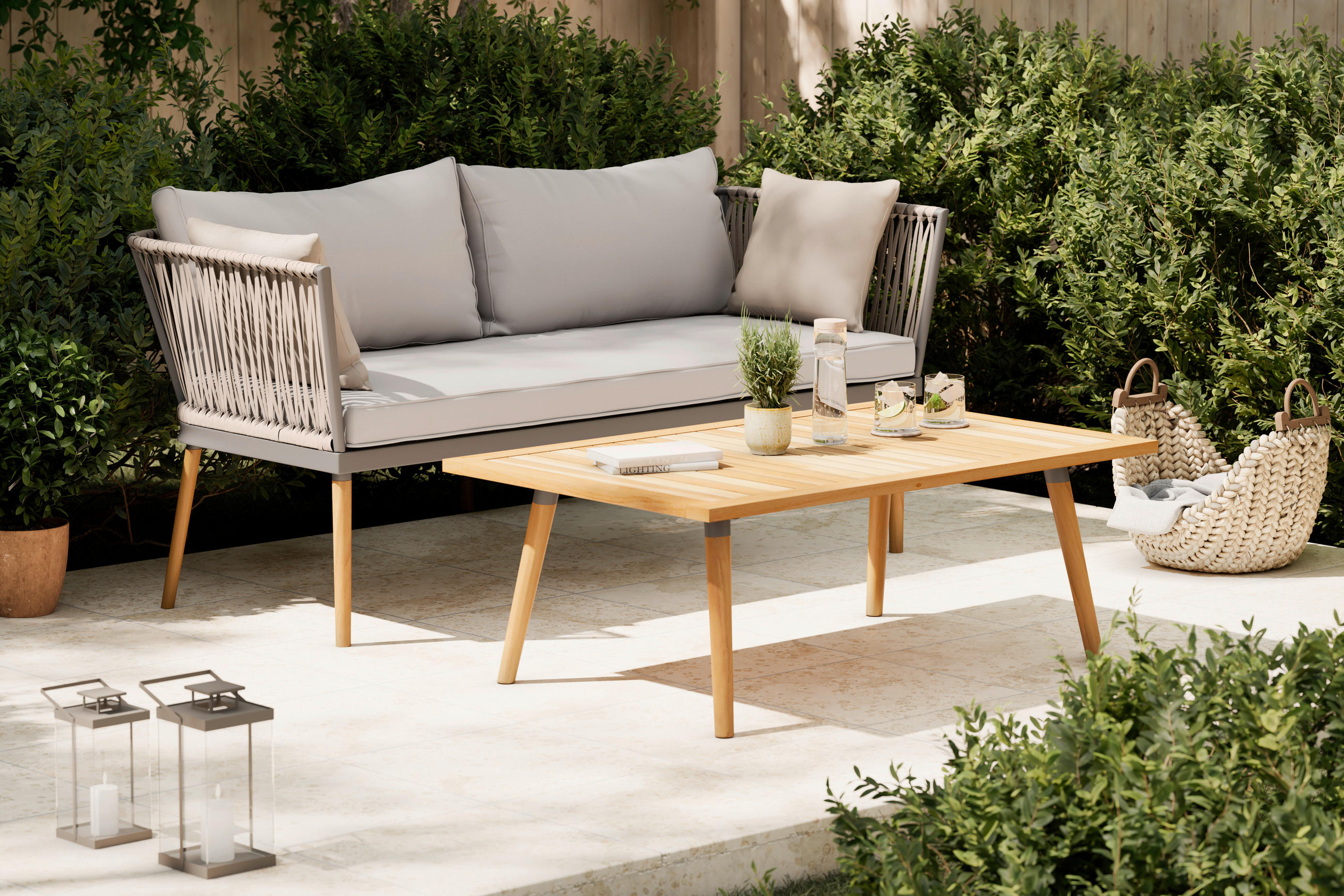 VRTNI SET   železo   barve akacije siva, črna, barve akacije    - siva/črna, Moderno, kovina/tekstil (110/161,7/40/75,8/70/77cm) - Ambia Garden