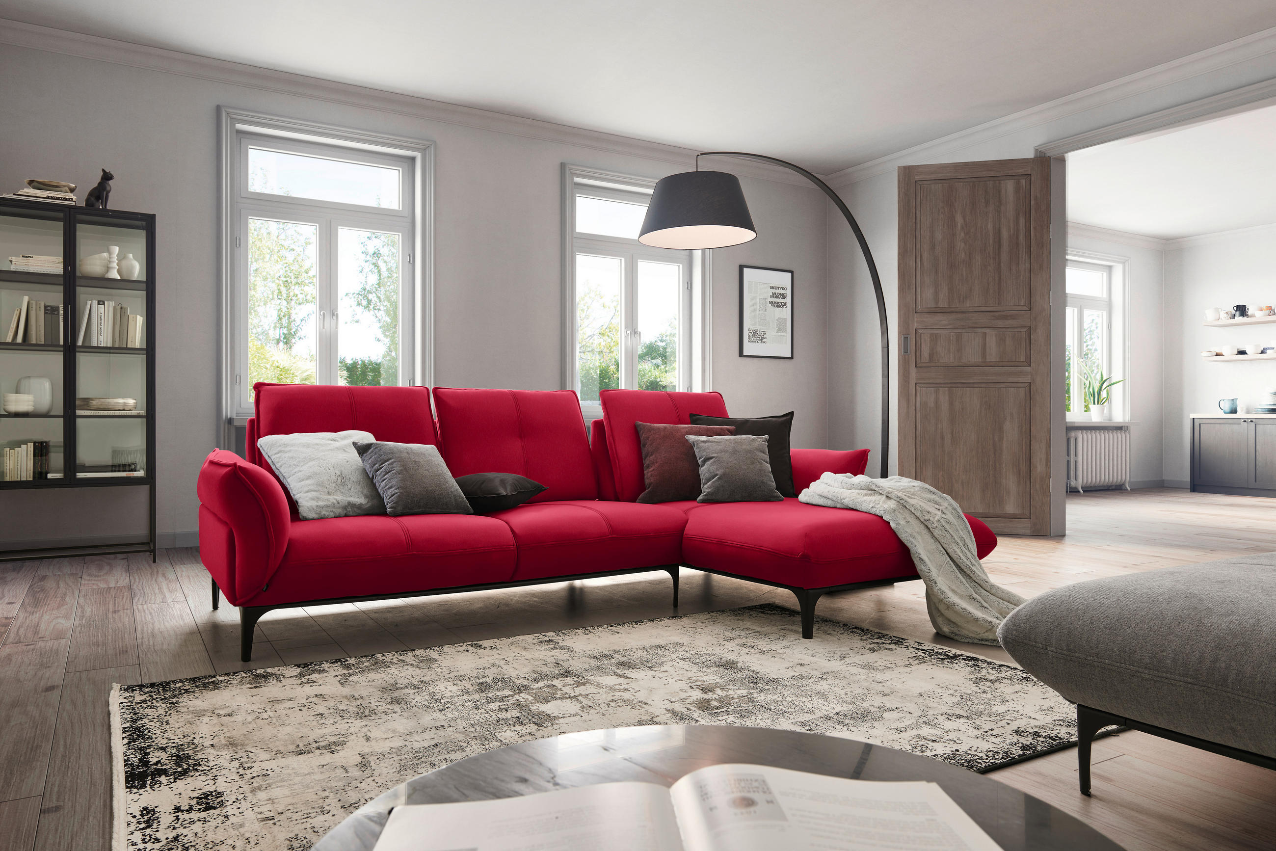 ECKSOFA in Echtleder Rot  - Rot/Schwarz, Natur, Leder (277/182cm) - Valnatura