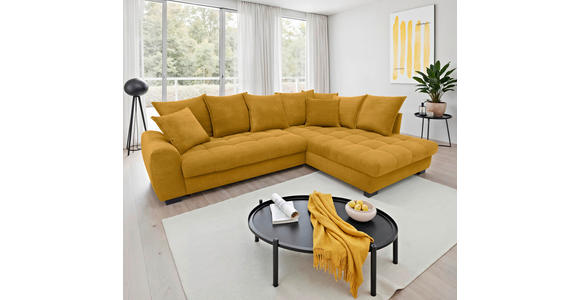 ECKSOFA Currygelb Cord Rückenkissen, Armlehnenkissen, Bettkasten, Schlaffunktion, Rücken echt, Liegefläche im Originalstoff  - Currygelb/Schwarz, KONVENTIONELL, Kunststoff/Textil (304/212cm) - Carryhome
