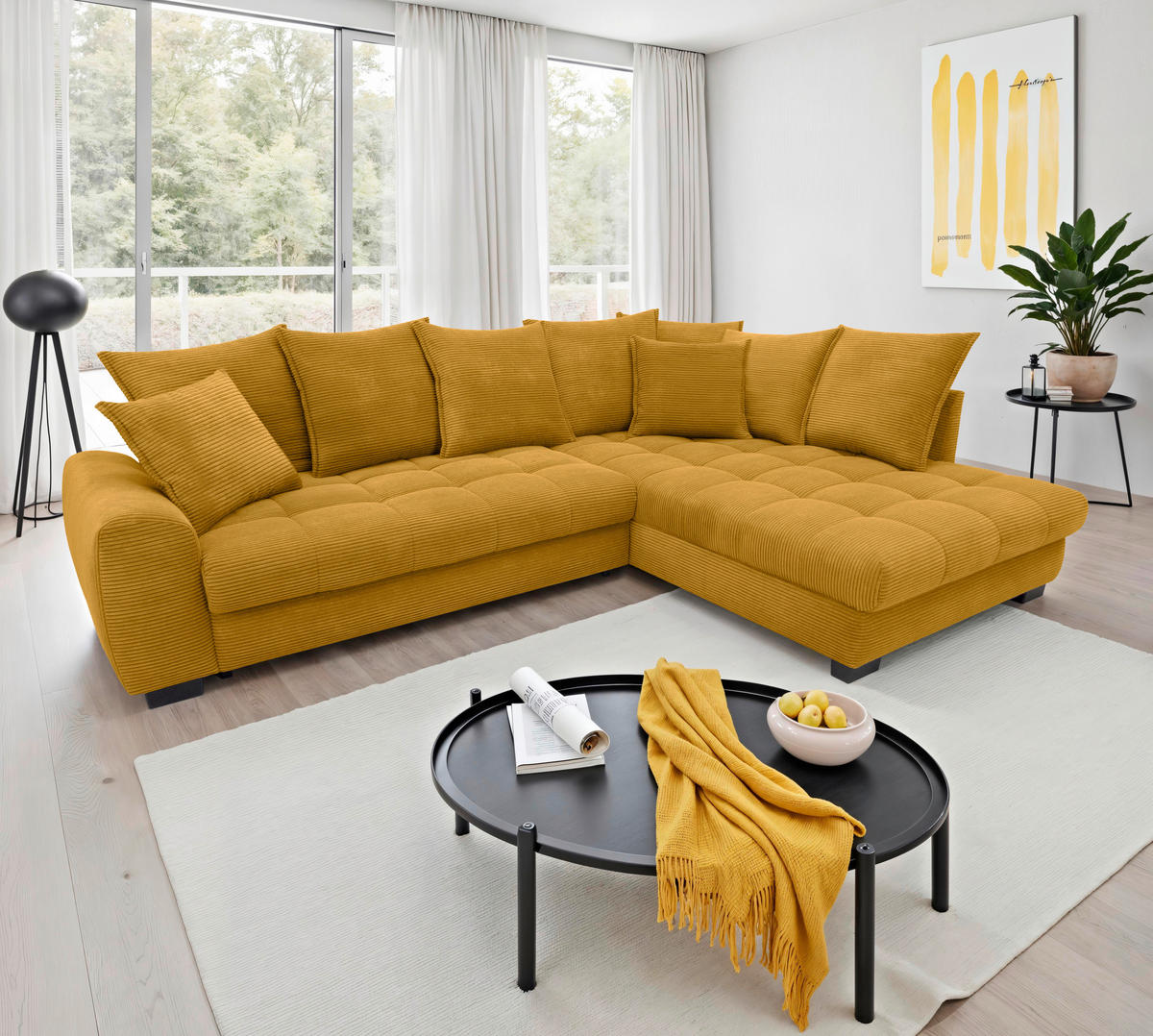 ECKSOFA Currygelb Cord Rückenkissen, Armlehnenkissen, Bettkasten, Schlaffunktion, Rücken echt, Liegefläche im Originalstoff  - Currygelb/Schwarz, KONVENTIONELL, Kunststoff/Textil (304/212cm) - Carryhome