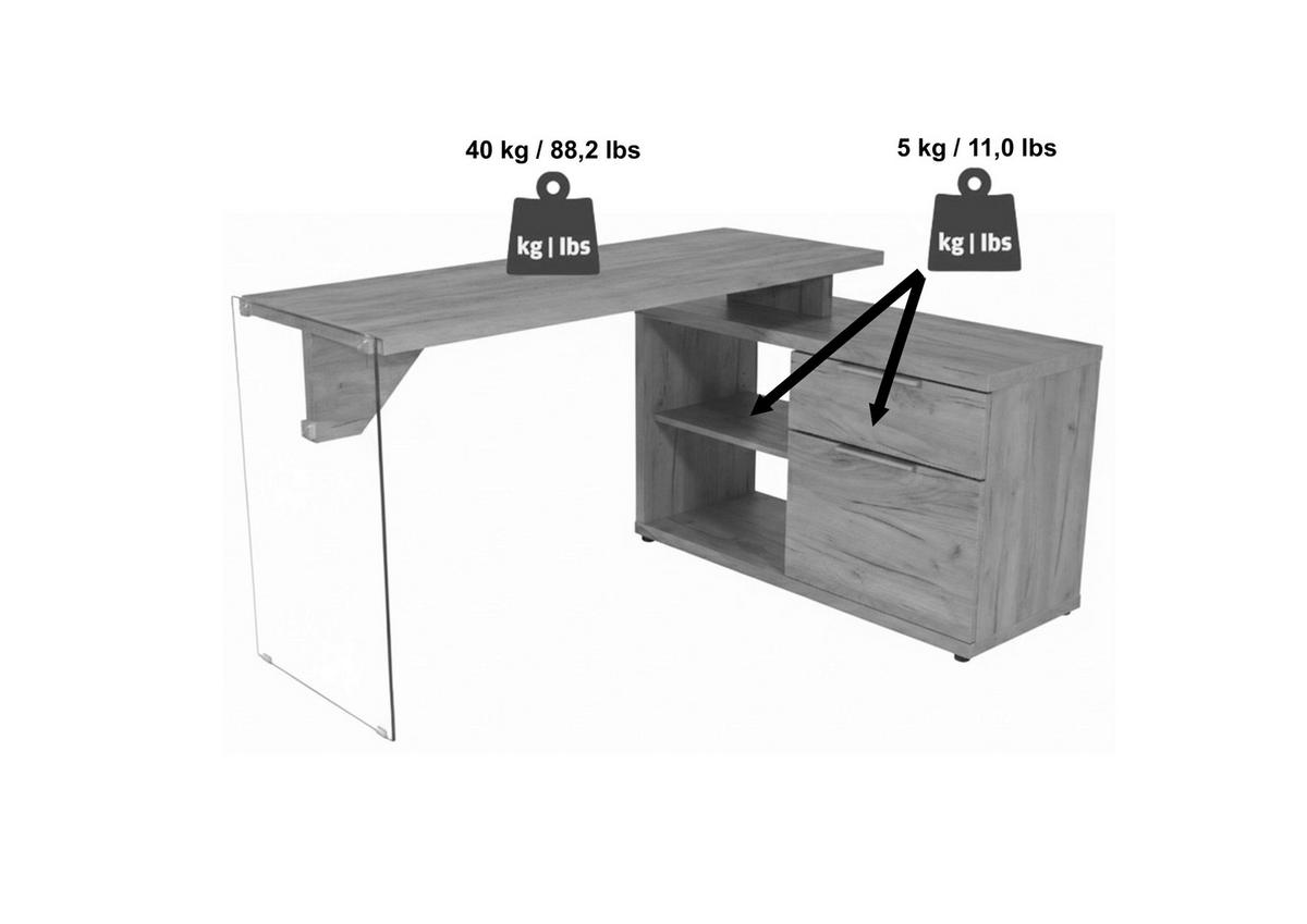 ECKSCHREIBTISCH 141,8/100/74 cm Eichefarben Stauraum, seitenverkehrt montierbar  - Eichefarben/Silberfarben, Design, Glas/Holzwerkstoff (141,8/100/74cm) - MID.YOU