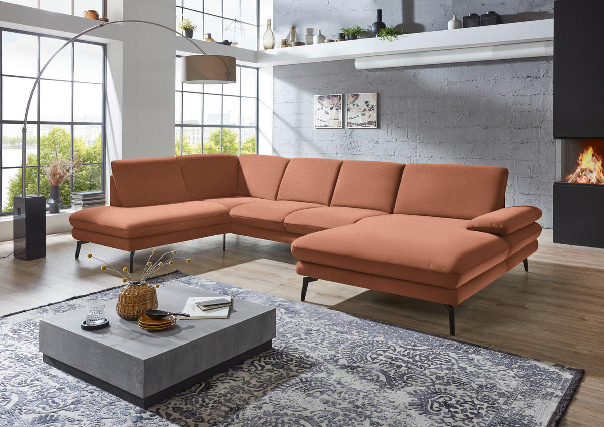 WOHNLANDSCHAFT in Webstoff Orange  - Schwarz/Orange, Design, Textil/Metall (208/344/180cm) - Dieter Knoll