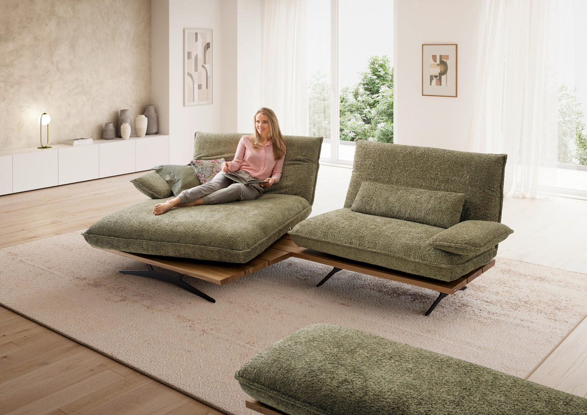 ECKSOFA Wildeiche, Graugrün Chenille, Flachgewebe Rücken echt, Armteilverstellung, Relaxfunktion, Drehsitzfunktion  - Wildeiche/Schwarz, Design, Holz/Textil (161/284cm) - Koinor