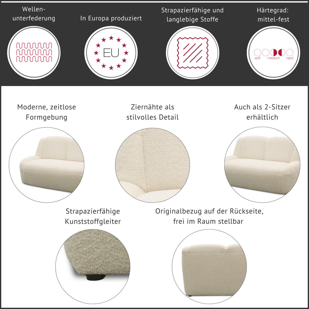 3-SITZER-SOFA 100 034 Chenille Graphitfarben  - Creme/Schwarz, MODERN, Kunststoff/Textil (197/82/93cm) - Livetastic