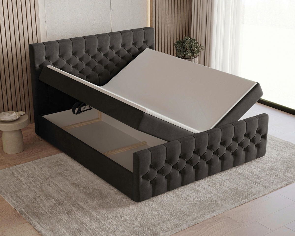 BOXBETT 140/200 cm,  in Schwarz, Matratze, Topper, H3 = fest  - Schwarz, KONVENTIONELL, Holz/Kunststoff (140/200cm) - Chameo