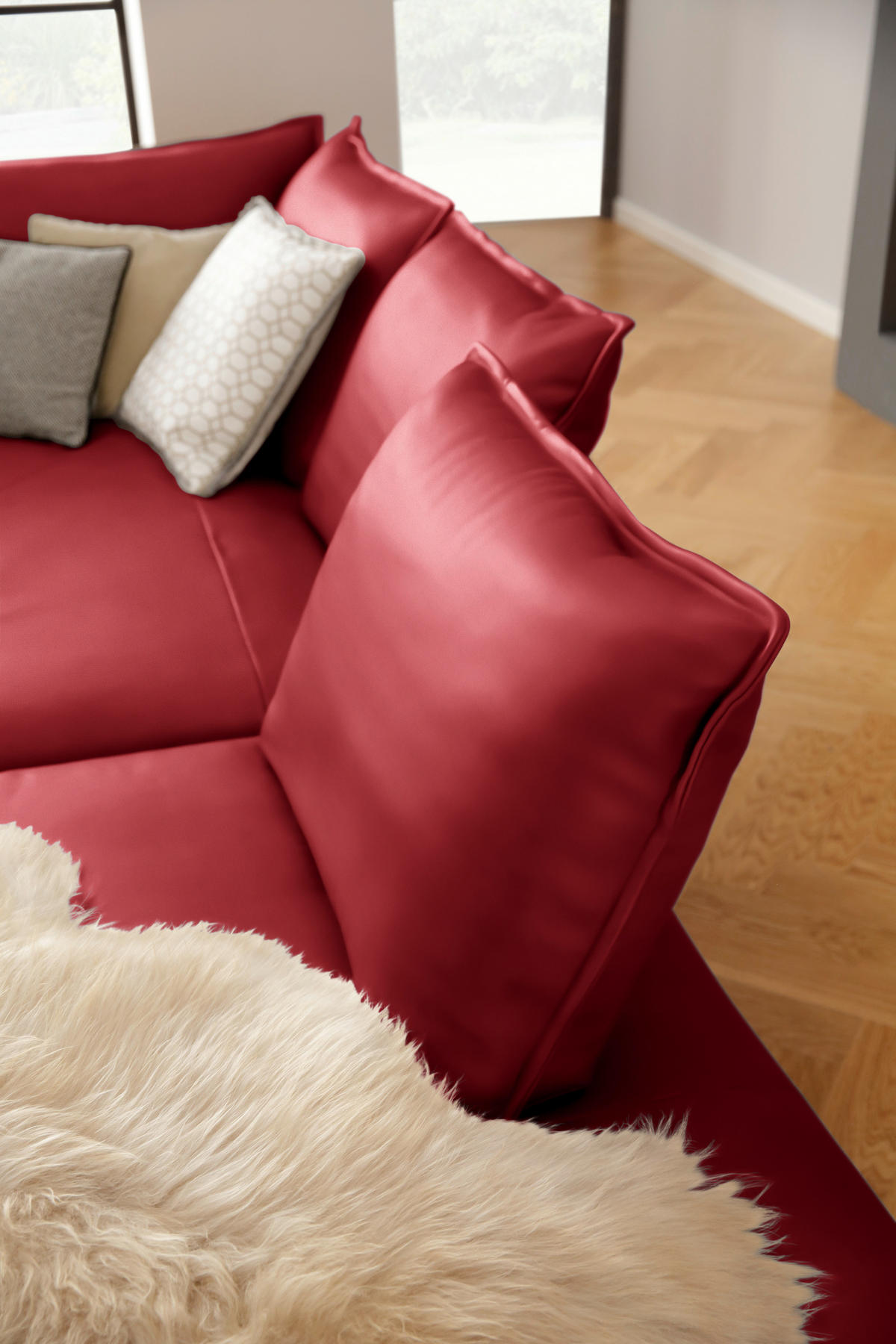 ECKSOFA in Echtleder Rot  - Rot/Schwarz, Design, Leder/Metall (340/272cm) - W.Schillig